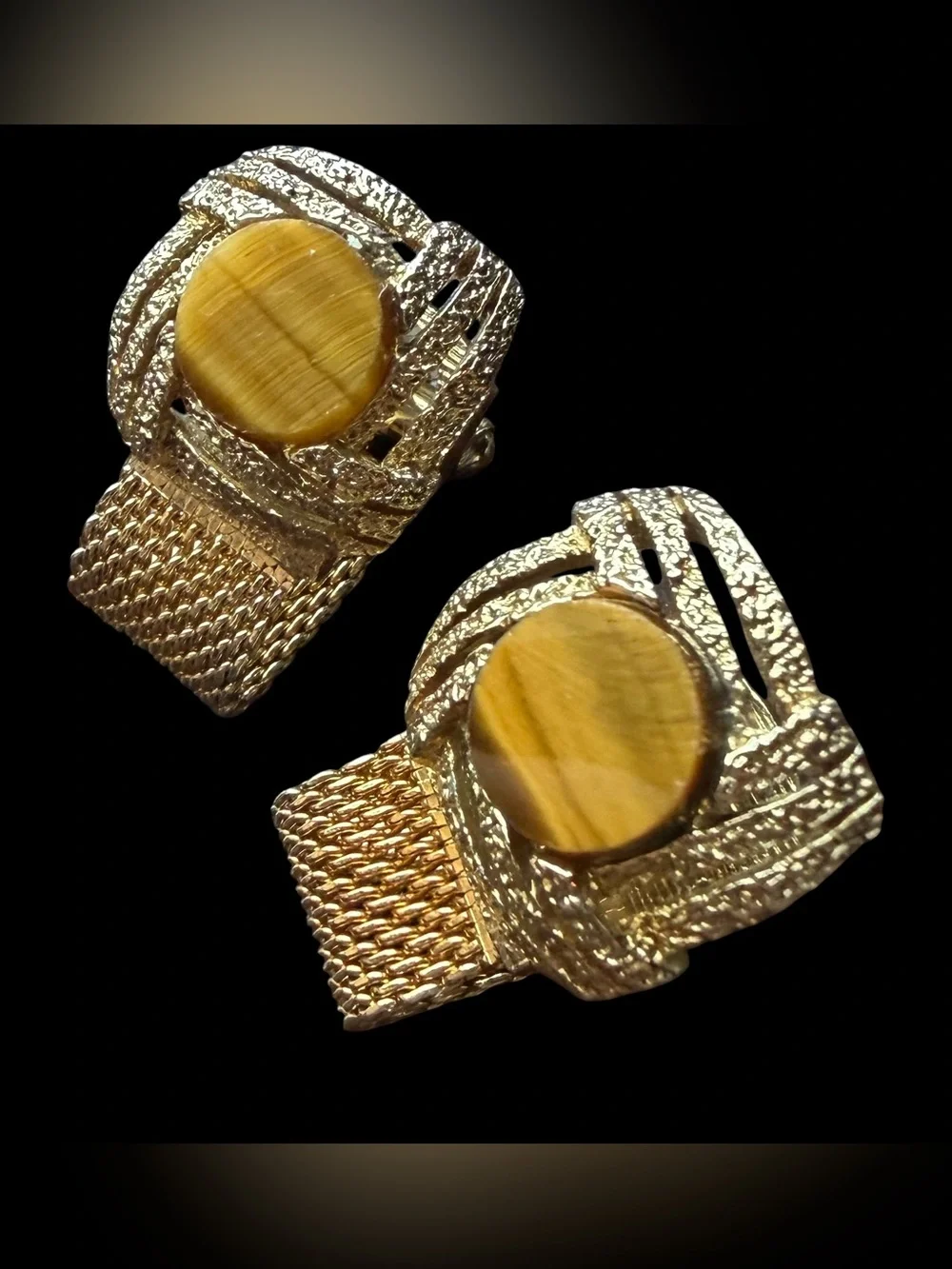 Mid Century Vintage Cuff Links w/ Tiger Eye Gemstones & Mesh Band